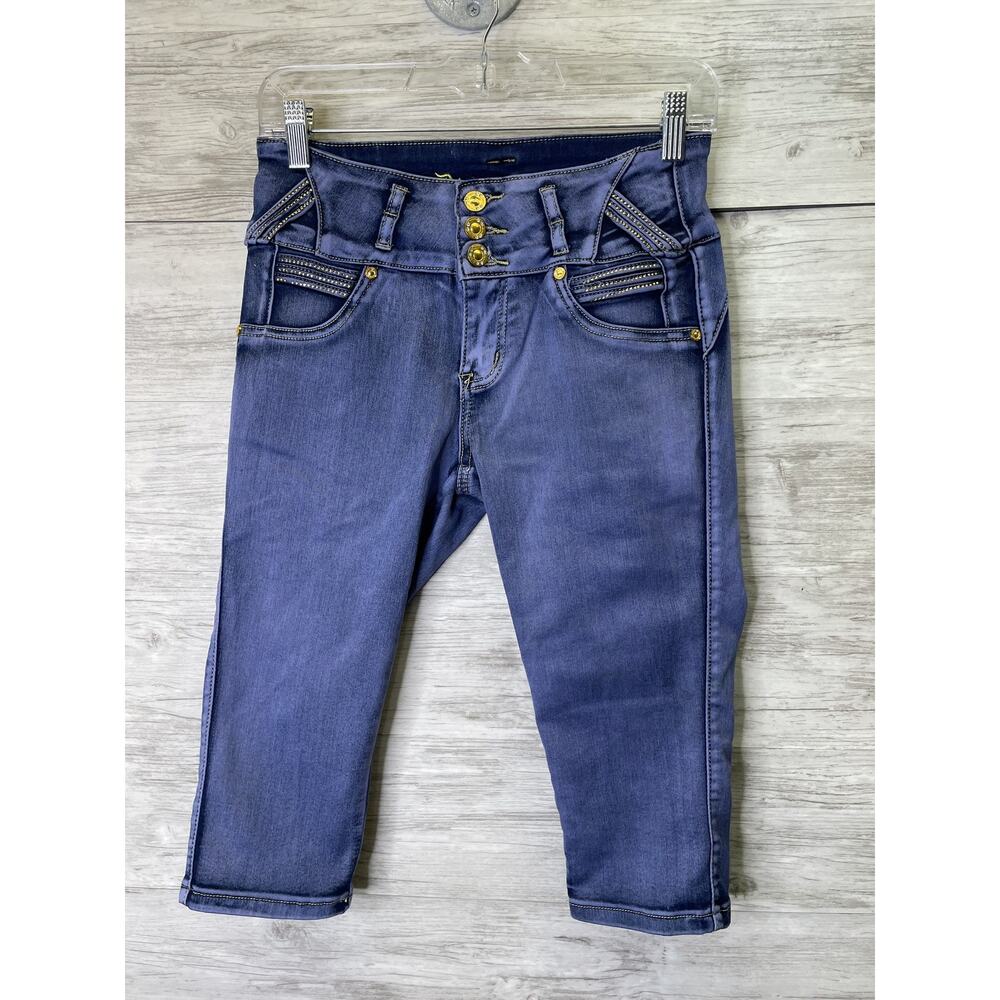 Degree Jeans Capri Womens 12 Stretch Denim Mid Rise Rhinestone‎ Embellished